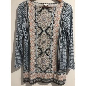 J Jill Blouse Floral Paisley‎ Tunic Top Womens XS Long Sleeve Stretch Blue